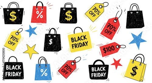 Assorted shopping bags and price tags with black friday and sale text