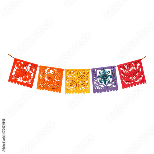 Colorful paper flags strung together, isolated on transparent background