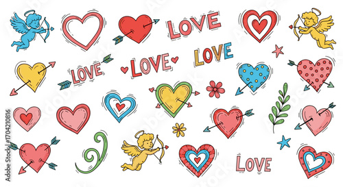 Valentine's day themed doodle sheet with hearts cupids and love text