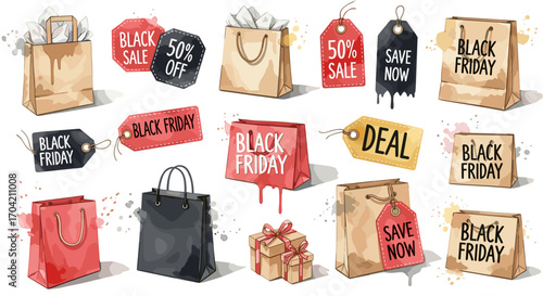 Illustration of shopping bags and sale tags for black friday deals