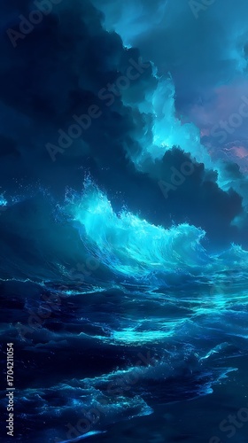 Wallpaper Mural Dramatic ocean wave crashing under a stormy sky with dark clouds at night Torontodigital.ca