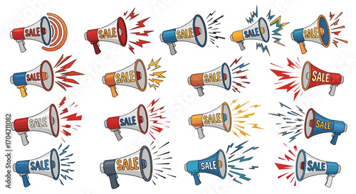 Collection of colorful sale megaphones with sound waves and lightning