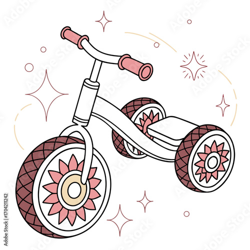 A cute tricycle with flowershaped wheels