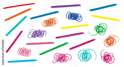 A colorful array of crayon strokes and scribbles scattered randomly art