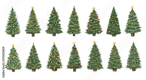 Collection of christmas trees decorated with ornaments and golden stars