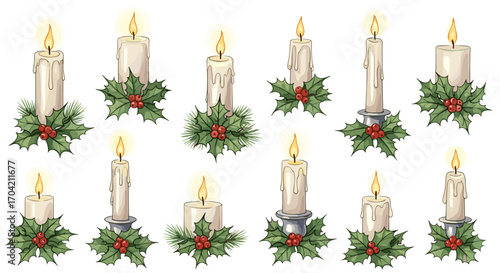 Illustration of multiple candles decorated with holly and berries theme art