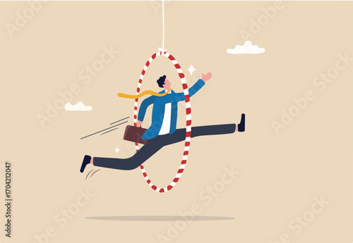 Capability or employee competence, skill and performance to achieve success, challenge or motivation to overcome obstacle, winning concept, capable skillful businessman winner jump through the hoop.
