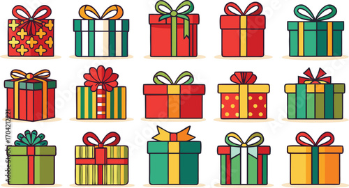 Set of christmas gift boxes with ribbons. Christmas gift boxes bundle vector illustration