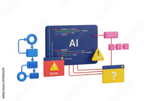 3d illustration of ai system with error notifications isolated on transparent background