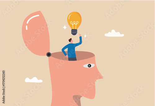 Eureka moment discover new idea or solution to solve problem, business insight, inspiration or creativity innovation, Aha moment concept, man with eureka moment discover lightbulb idea in his head
