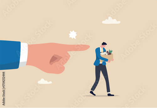 Fired employee, layoff or dismissal worker, misconduct or underperform staff, failure or trouble employment, jobless or unemployment concept, boss pointing finger to fires, layoff misconduct employee.