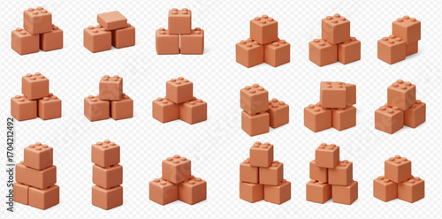 Collection of multiple stacks of interlocking toy building blocks, arranged in various configurations on a light background.