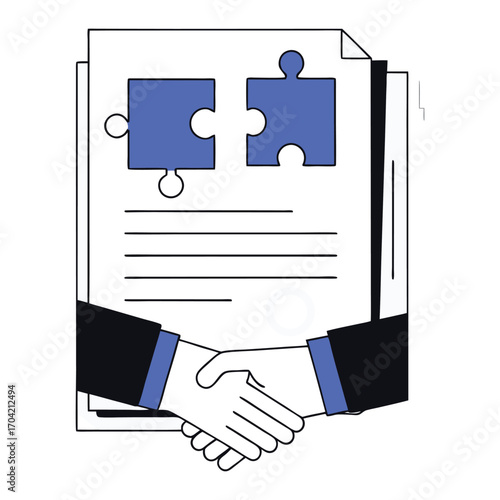 Illustration of two people shaking hands over a document with puzzle pieces on top, symbolizing agreement and partnership