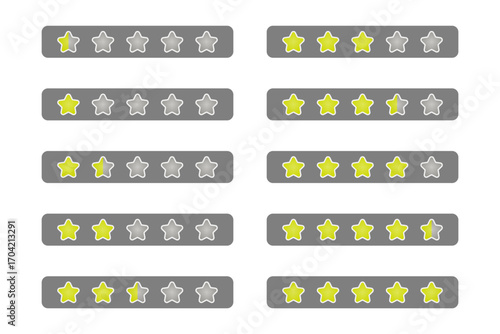 Set of 10 Yellow Gradient with White Border Rating Star icon for Game from 0,5 to 5 Stars isolated on Grey Label. High Quality Editable Icon Vector