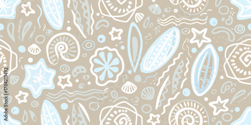 Seamless pattern of hand drawn abstract marine elements and seashells in pastel blue and white on beige background
