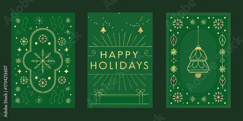 Elegant art deco style happy holidays greeting cards with festive winter snowflakes and ornaments