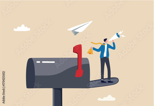 Email newsletter notification, marketing communication or subscription message alert, subscribe to receive notification message concept, businessman marketing open mailbox to notify subscribed user.