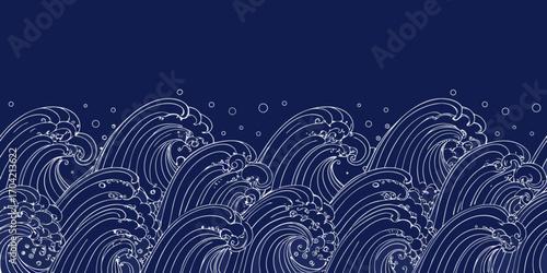 Stylized white line art of crashing ocean waves and bubbles on a deep blue background