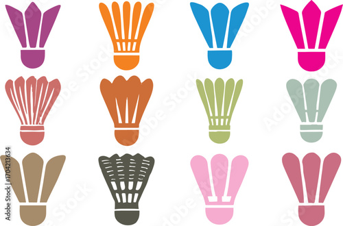 Badminton shuttlecock icons set. Sport equipment in editable vector format and different styles. Editable, EPS 10.