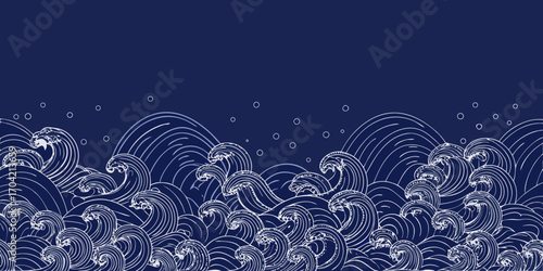 Stylized japanese seigaiha wave pattern in white outline on a deep blue background with small circles