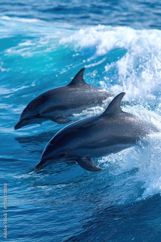 Naklejka premium Two dolphins jumping in the ocean
