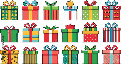 Set of christmas gift boxes with ribbons. Christmas gift boxes bundle vector illustration