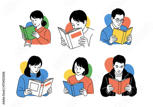Diverse People Reading Books: Colorful Line Art Illustrations,  Engaging and Thoughtful Mood.