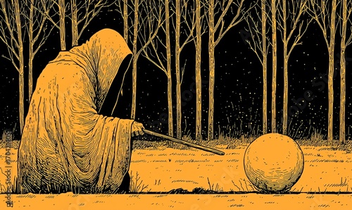 Mysterious Hooded Figure Engages with a Radiant Sphere Under a Starry Night Sky