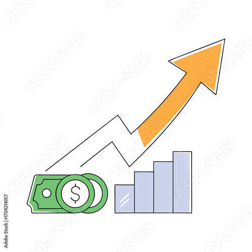 Vector art of a financial graph showing upward trend with money and coins, representing economic growth and profit
