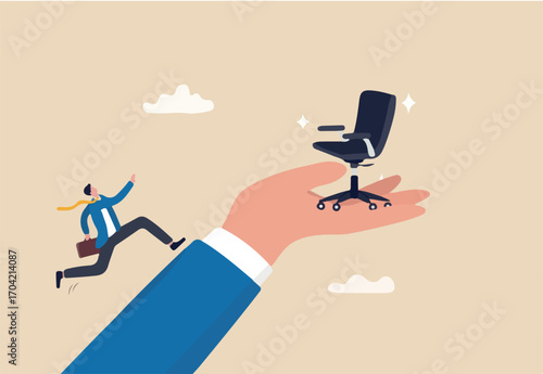 Employment opportunity, career path or motivation on job promotion position, ambition to reach career achievement, candidate to find new job concept, businessman run up big hand to new office chair.