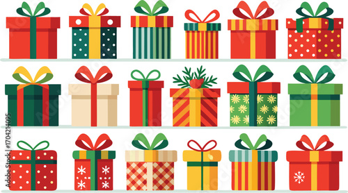 Set of christmas gift boxes with ribbons. Christmas gift boxes bundle vector illustration