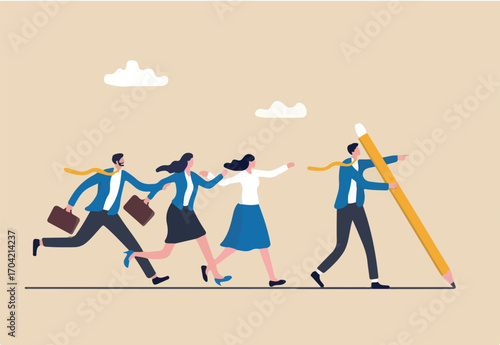 Leadership to find team direction, guidance or solution to follow, manager create strategy or way to achieve success, leading to win concept, businessman leader draw line for employees to follow