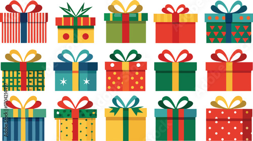 Set of christmas gift boxes with ribbons. Christmas gift boxes bundle vector illustration