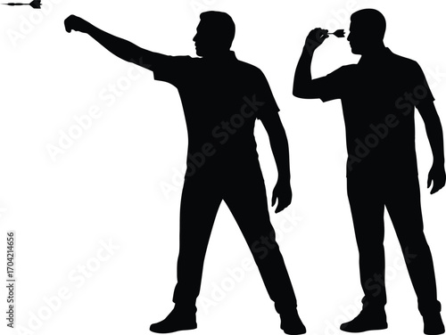 Silhouette of Man Throwing Dart and Holding Dart in Hand – Dart Game Players Vector Illustration