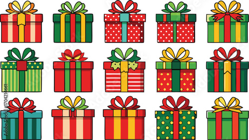 Set of christmas gift boxes with ribbons. Christmas gift boxes bundle vector illustration