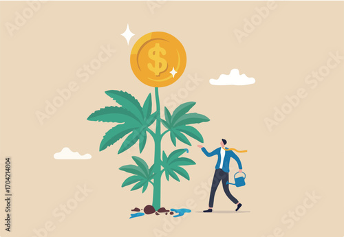 Cannabis business, ganja, marijuanas for medical and therapy to make money, legal CBD medicine, alternative cannabis oil concept, businessman watering cannabis plant with dollar money earning.