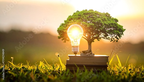 Illuminated tree on a book in a field