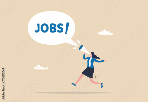 Job advertising or vacancy announcement, human resources recruitment, job communicate or hiring opportunity, career development seeker or employment concept, businesswoman announce jobs on megaphone.