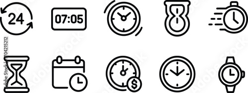 Collection of time and clock icons representing different aspects of timekeeping