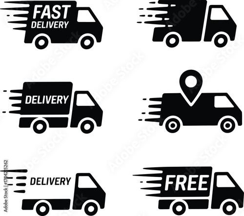 Set of six black delivery truck icons with motion blur and text