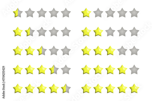 Set of 3D Yellow Rating Star icon for Game from 0,5 to 5 Stars. High Quality Editable Icon Vector