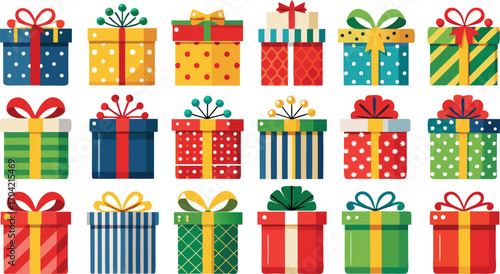 Colorful gift boxes set for christmas. Vector illustration present boxes on transparent background. Flat design style.