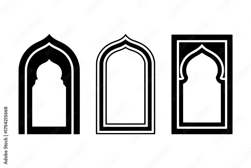 Fototapeta premium Three variations of Islamic Arch Icons: Solid Black, Triple Outline, and Framed Archway