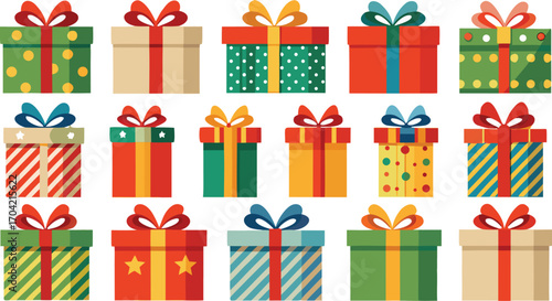 Colorful gift boxes set for christmas. Vector illustration present boxes on transparent background. Flat design style.