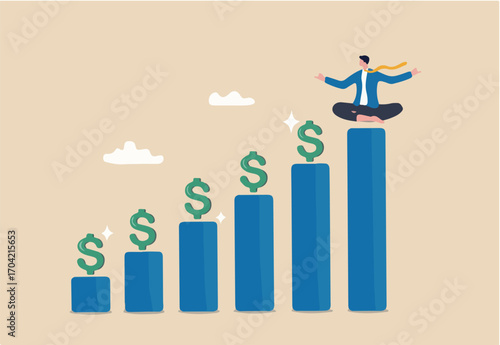 Investment growth, compound interest or dividend investing, profit earning from stock market, pension fund or saving, capital gain concept, businessman with grow graph and dollar sign profit return.