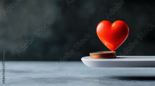 Heart balancing on coins love money and value