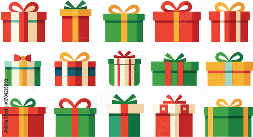 Colorful gift boxes set for christmas. Vector illustration present boxes on transparent background. Flat design style.