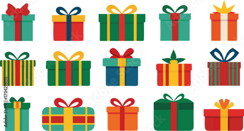 Colorful gift boxes set for christmas. Vector illustration present boxes on transparent background. Flat design style.