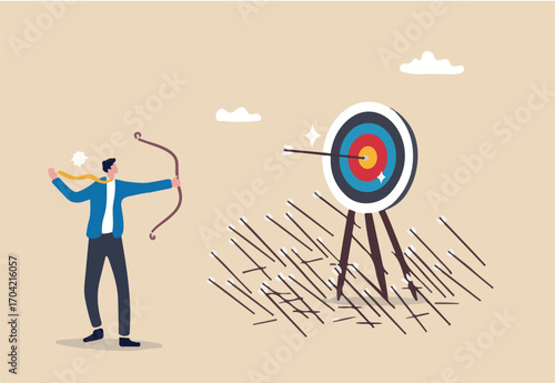 Practice develop success, effort to improve and achieve target, mistake, failure and discipline to keep practice and reach goal concept, businessman practicing archery with mistakes until success. 