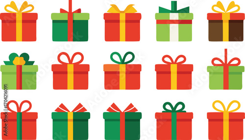 Colorful gift boxes set for christmas. Vector illustration present boxes on transparent background. Flat design style.